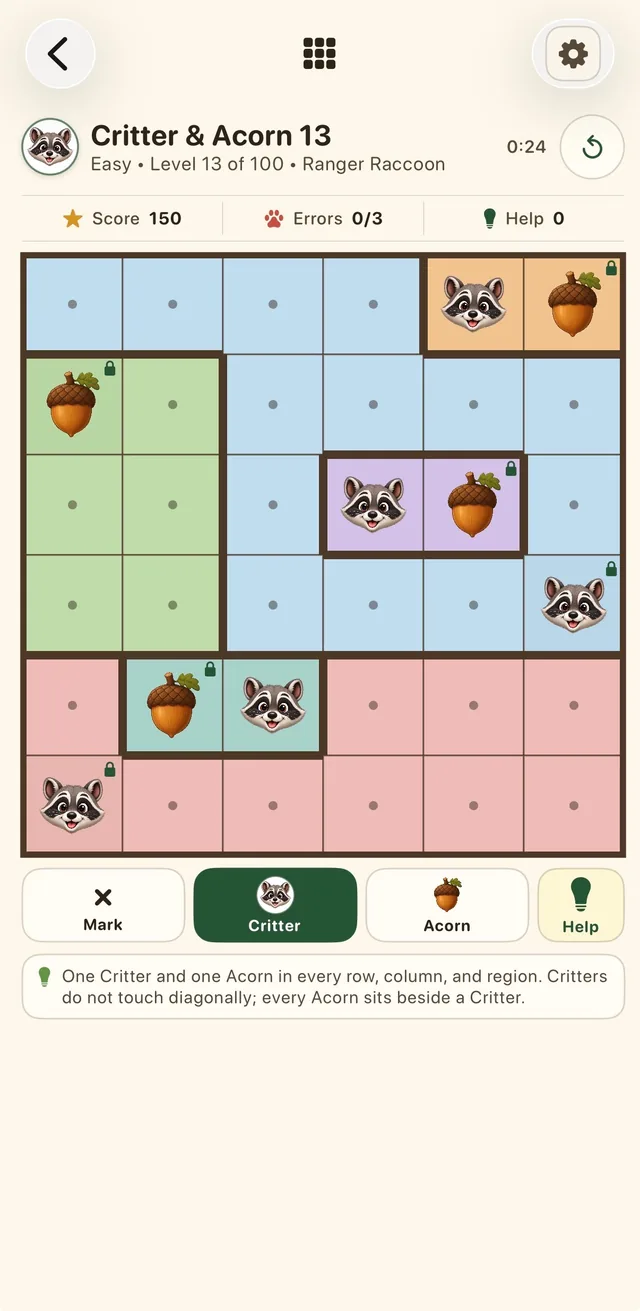 Critter and Acorn level 13 — placing critter and acorn pairs