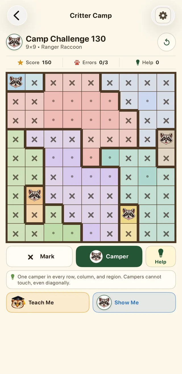 Camp Challenge level 130 — a 9 by 9 puzzle board mid-solve
